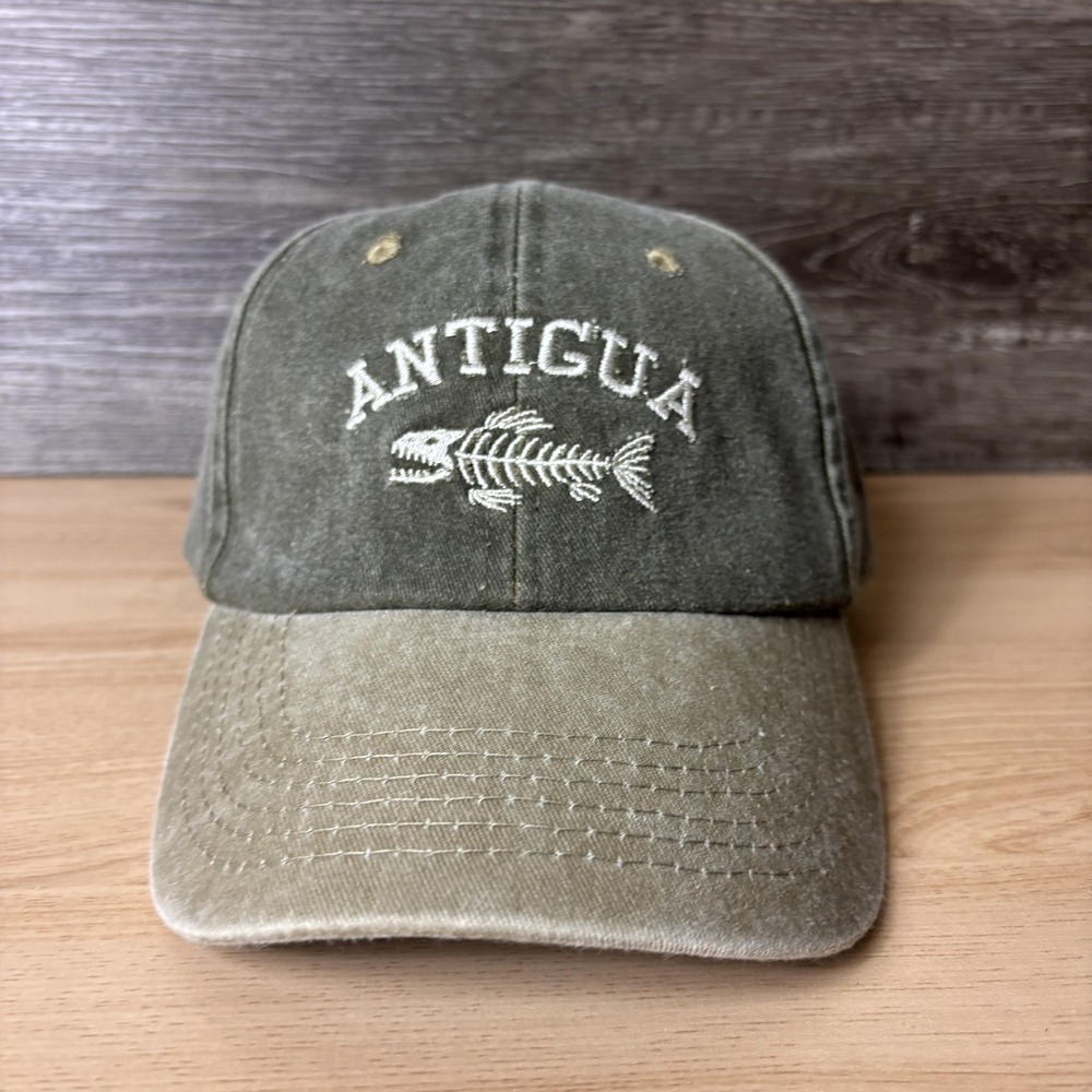 Antigua Hat Cap Strap Back Green Khaki Embroidered Fish Skeleton Mens Dad Cap